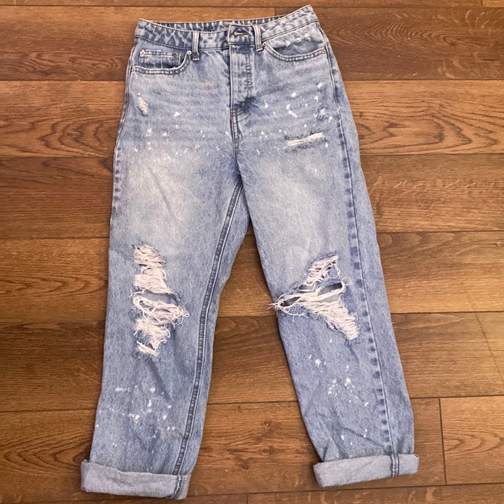 NOBO distressed, high rise, straight leg jeans. 4 button closer
